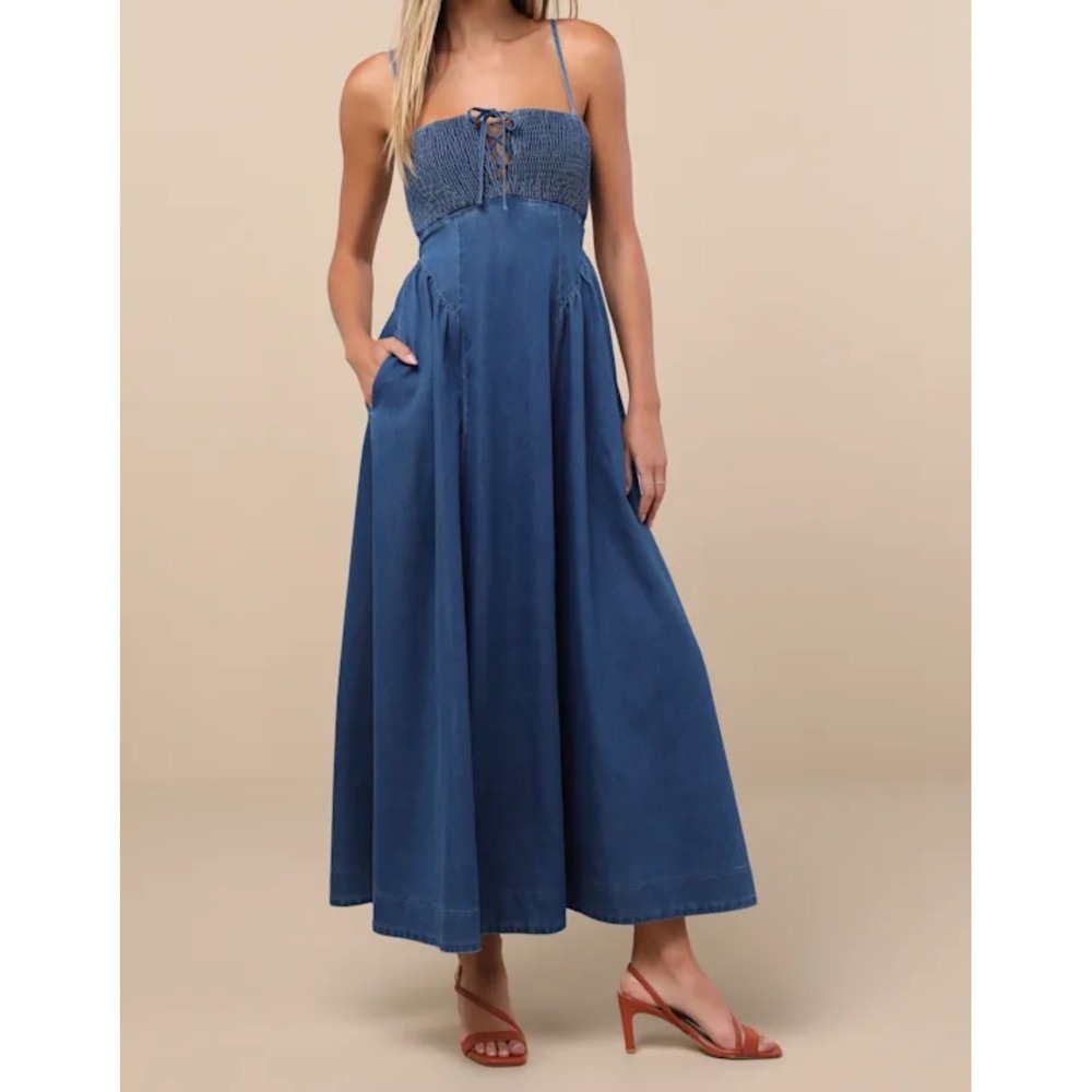 Lulus Laylie Medium Wash Denim Lace-Up Smocked Midi Dress Blue Small NWT